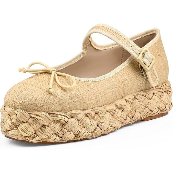 Womens Coastal Raffia Platform Mary Jane Woven Bow Espadrille Buckle Sandal 9 - Picture 1 of 3
